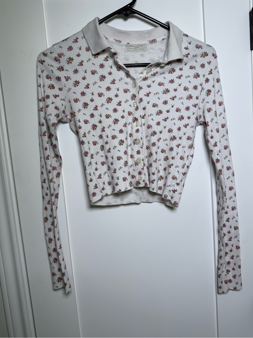 Urban Outfitters Cream Cropped Long-Sleeve Polo with Pink Floral Print